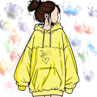 realistic girl with a oversized sweatshirt on and a bun