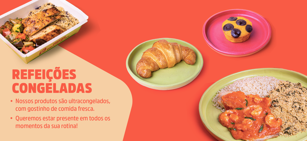 A variety of healthy frozen meals and snacks from the Liv Up app including a meal box shrimp dish croissant and chocolate chip muffin