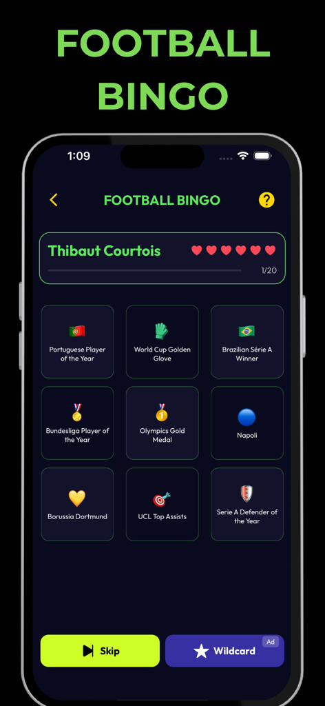 Mobile app interface for Football Bingo showing player Thibaut Courtois and a grid of soccer achievement categories.