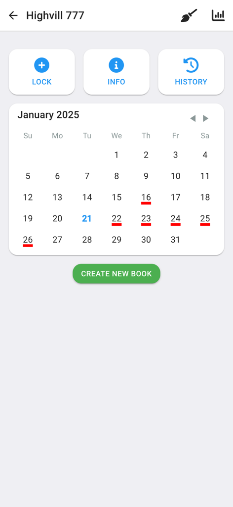 ApartX - ApartX-Mobil-App-Oberfläche für die Kurzzeitvermietungsverwaltung mit einem Buchungskalender und Steuerelementen für Immobilienzugangssysteme