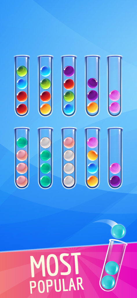 Screenshot of Ball Sort Color Puzzle showing colorful balls in glass tubes with a Most Popular label