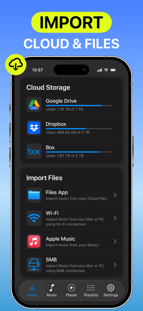 Anywhere - Music Player - Interfaz de Anywhere Music Player mostrando almacenamiento en la nube y opciones de importación de archivos como Google Drive, Dropbox y transferencia Wi-Fi.