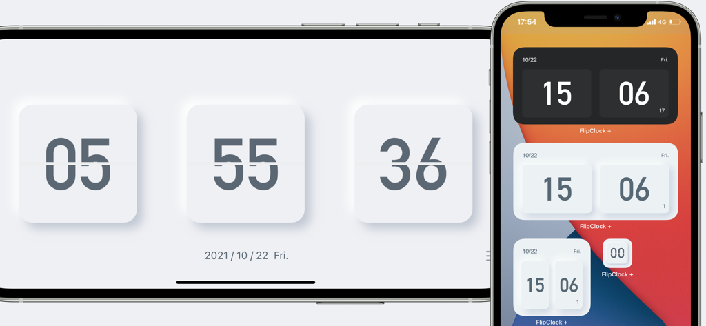 Minimalist flip clock app interface showing landscape mode and various iOS home screen widgets.