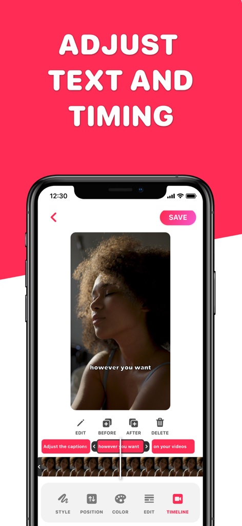 Auto Caption Video Subtitles - Bildschirm eines Mobiltelefons, der die Oberfläche zur Anpassung von Text und Timing von Videountertiteln anzeigt
