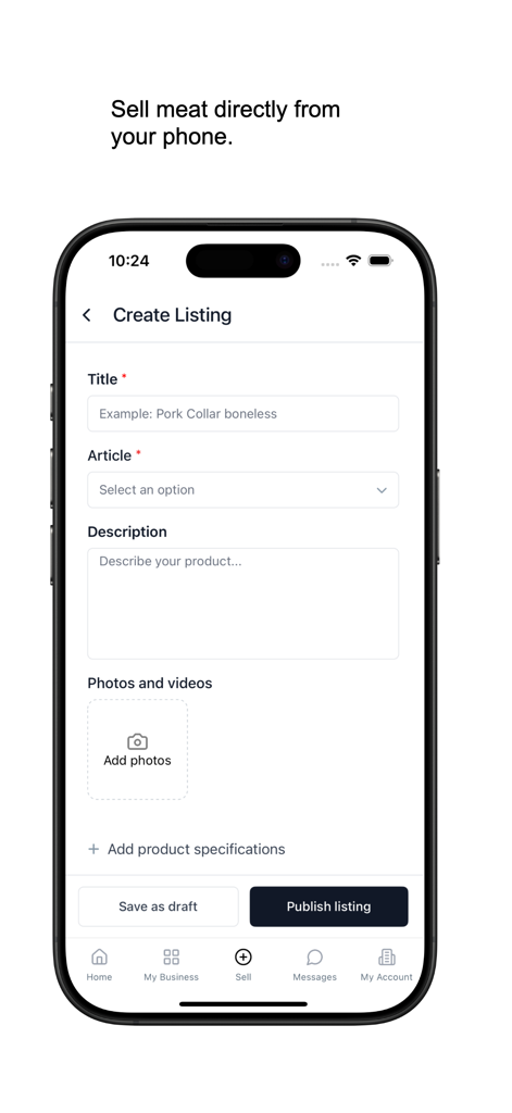 MeatBorsa - B2B Marketplace - MeatBorsa B2B Marketplace app interface showing the create meat listing screen on a mobile phone