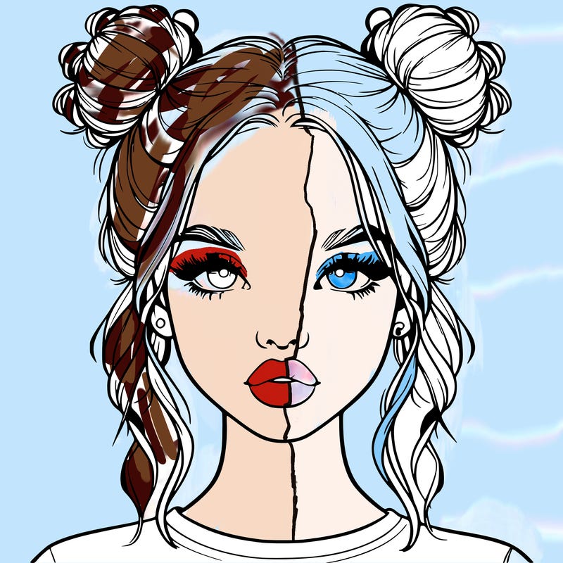 realistic girl with two buns in hair and lips