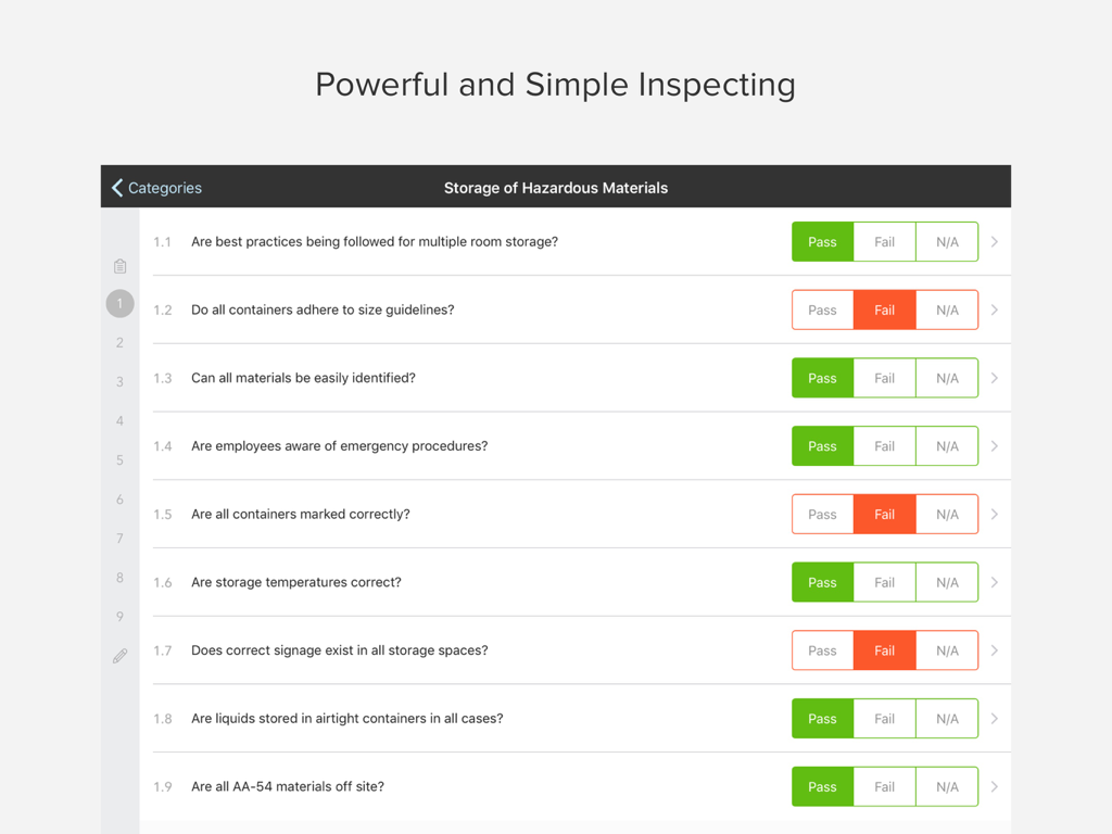Inspection checklist screen for hazardous materials storage with pass fail and NA options