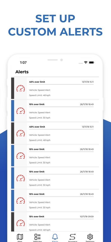 Interfaccia dell'app ScorpionTrack che mostra un elenco di avvisi personalizzati sulla velocità del veicolo.