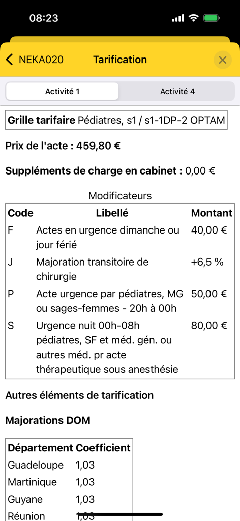 Interface of the iCCAM app showing the fee calculation and billing modifiers for a specific medical procedure code.