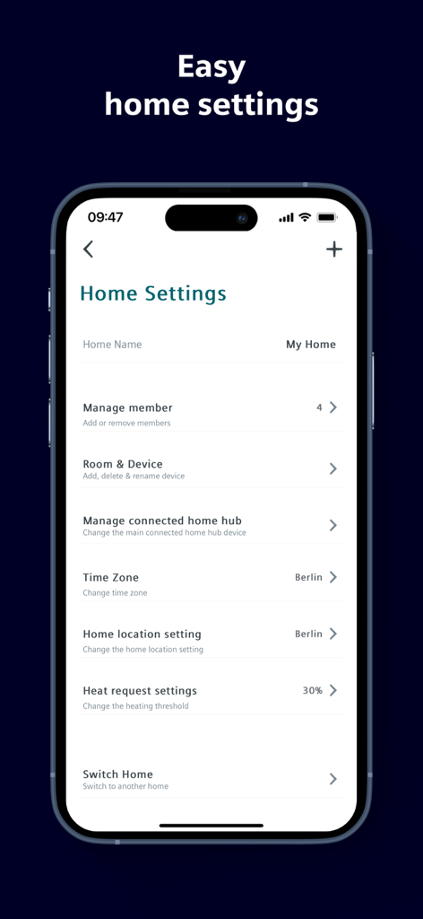 Siemens Connected Home - Interface of Siemens Connected Home app showing home settings and device management options on an iPhone