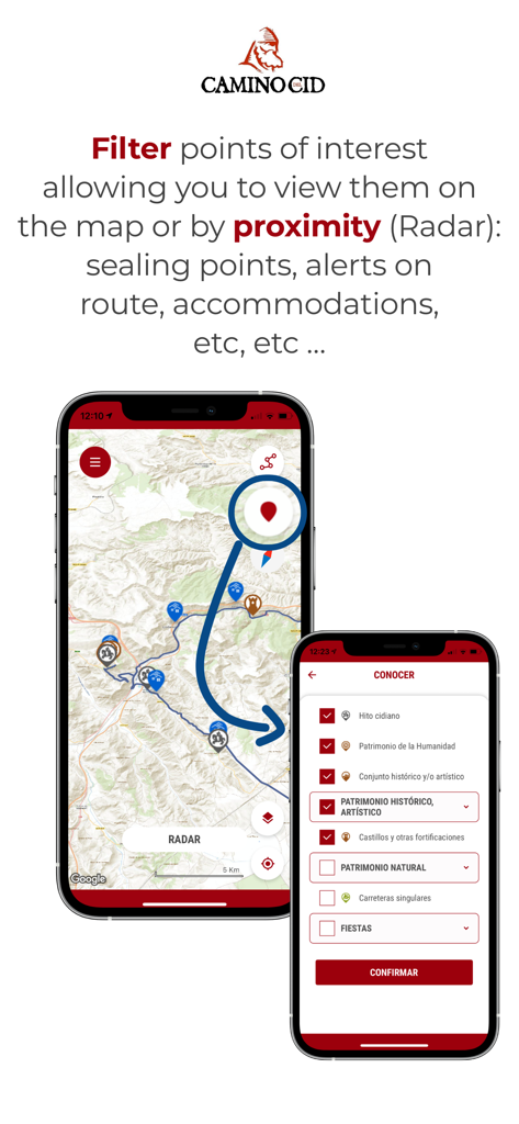 Camino del Cid mobile App-Oberfläche zeigt Kartenrouten und ein Filtermenü für historische interessante Punkte und Kulturerbestätten