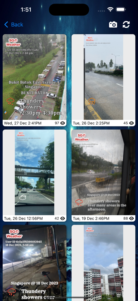Une grille de photos météorologiques en temps réel soumises par les utilisateurs de divers endroits à Singapour avec des superpositions de prévisions