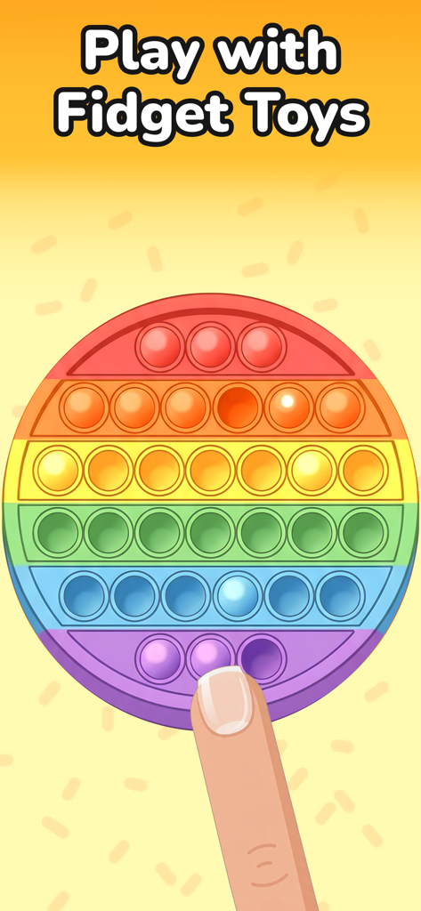 Antistress Games: Fidget Toys - Finger pressing a bubble on a rainbow colored round pop it fidget toy