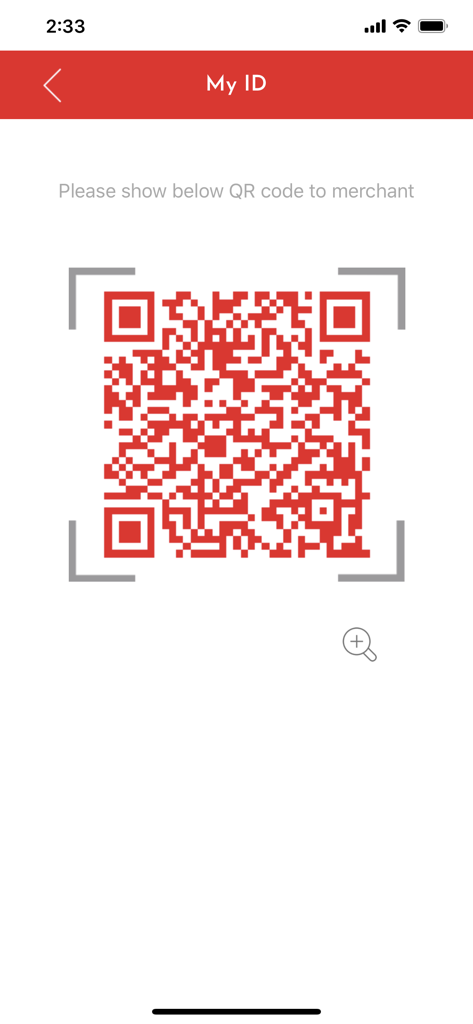 Dragon-i Restaurants - Dragon-i Restaurants mobile app member ID screen showing a red QR code to be scanned by merchants for rewards