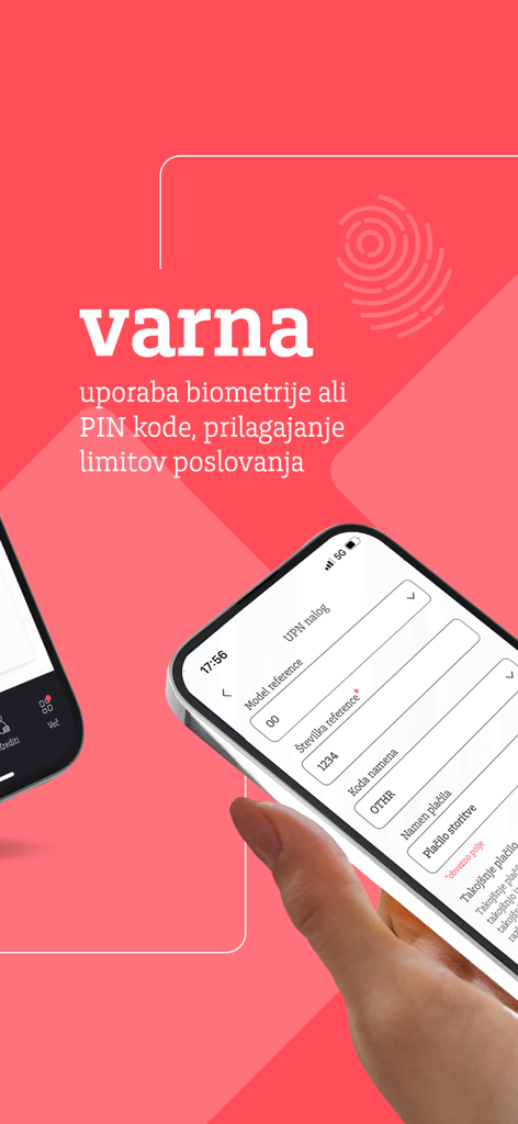 Addiko Mobile Slovenija app interface highlighting secure biometric login and payment processing on a smartphone.
