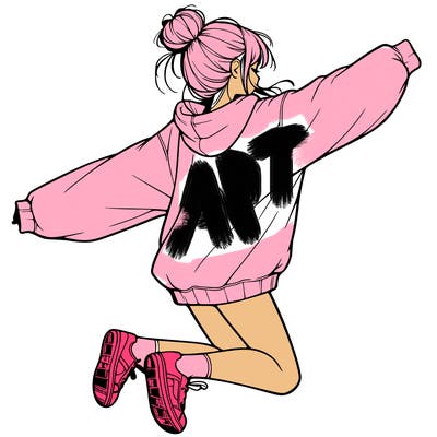 realistic girl jumping with a bun and oversized sweatshirt