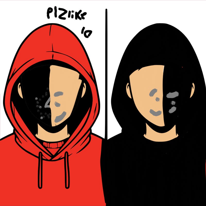a person with a hoodie and no face, the drawing is split in 2