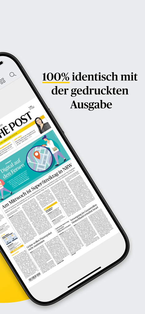 A smartphone showing the RP ePaper app displaying a digital replica of the Rheinische Post printed newspaper front page