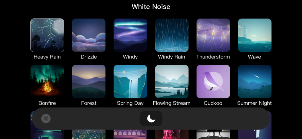 A menu of aesthetic illustrated icons for white noise sounds like rain bonfire and forest