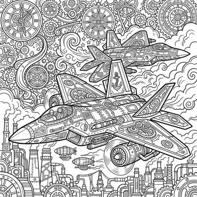 Embark on an exhilarating coloring journey with this unique Steampunk Military Jets design, blending powerful aircraft with intricate Victorian-era machinery. Discover a world where advanced technology meets classic aesthetics, perfect for a detailed and imaginative coloring experience.