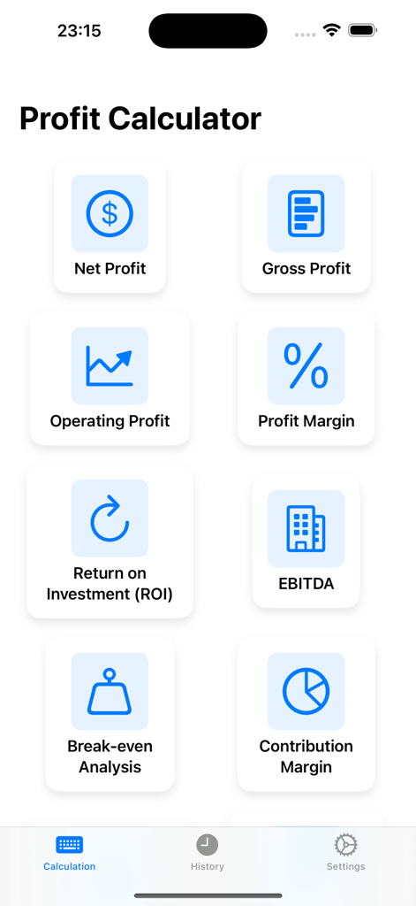 Profit Calculator Pro - Dashboard of Profit Calculator Pro app displaying various financial metrics icons including Net Profit, ROI, and EBITDA.