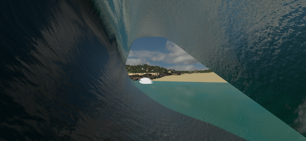 YouRiding - Surf and Bodyboard - First person perspective view from inside a large surfing wave barrel looking towards the shore