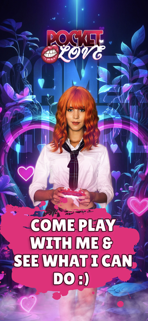 Gamer girl holding a controller in the Pocket Love app promo screen