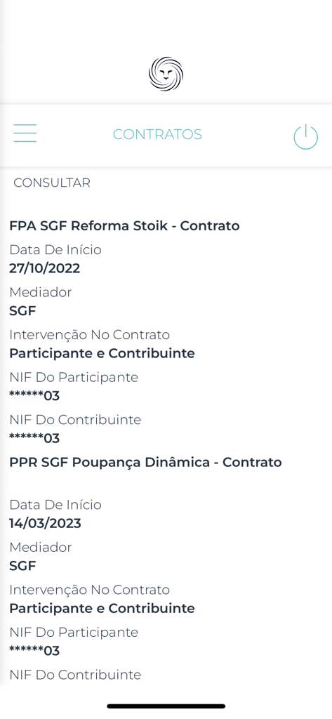 mySGF - mySGF 앱 화면, 시작일 및 참가자 정보와 같은 연금 펀드 계약 세부 정보 표시