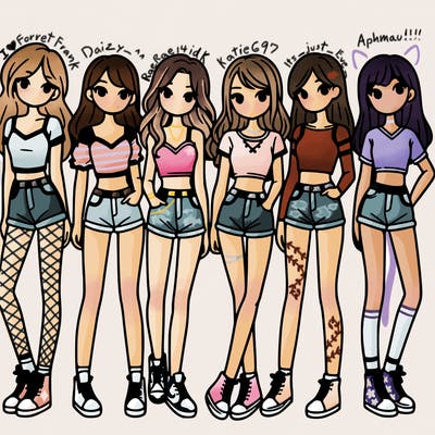 a group of girls wearing crop tops and shorts