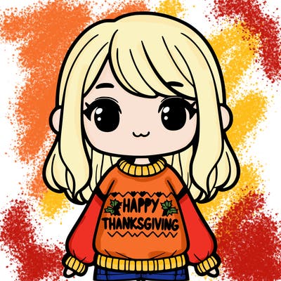 a girl that has a sweater that says happy thanksgiving