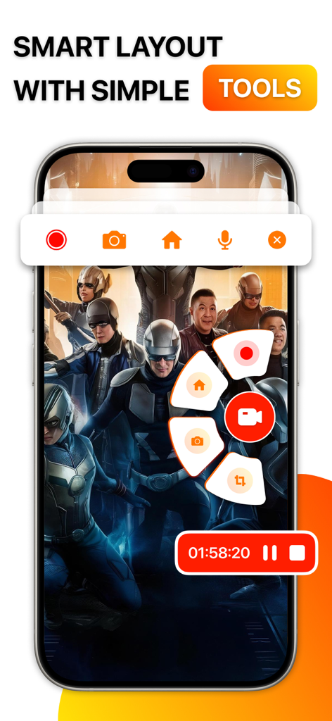 Screen Recorder - Record Video - Interface de l'application Vyoova enregistreur d'écran montrant la disposition intelligente et les outils d'enregistrement sur un iPhone