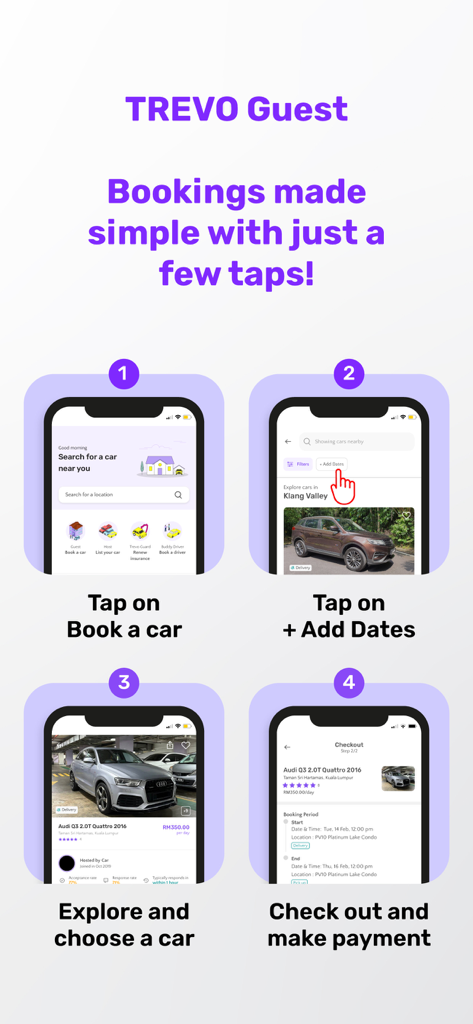 Trevo - Car Sharing Done Right - A step-by-step guide for guests to book a car on the Trevo mobile application