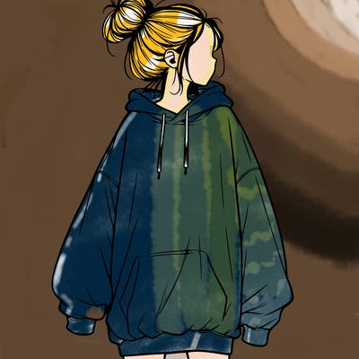 realistic girl with a oversized sweatshirt on and a bun