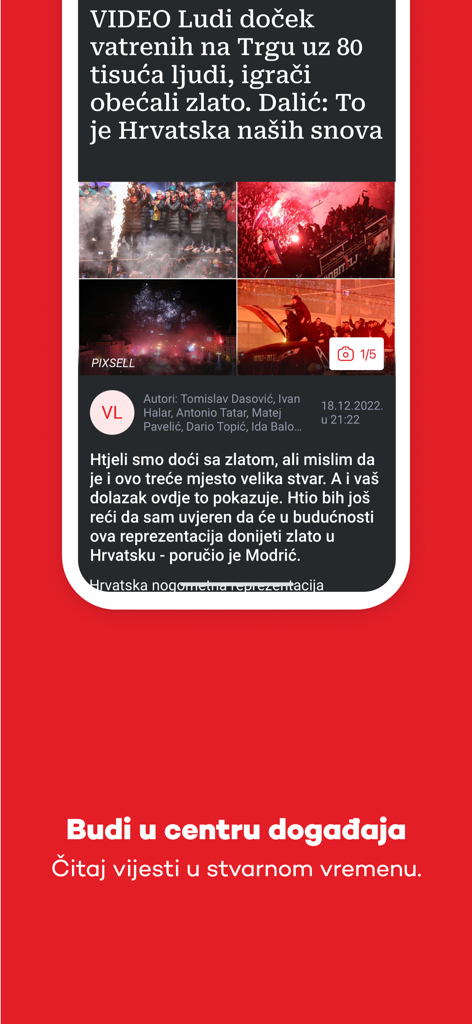 Večernji list - Večernji list mobile app screen displaying a news report on the Croatian national football team celebration