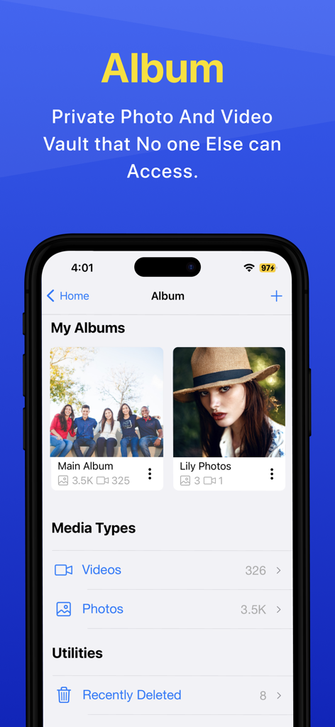 Photo Vault & App Lock Safedoc - Interfaz de la aplicación SafeDoc que muestra álbumes privados de fotos y videos con opciones seguras de almacenamiento de medios