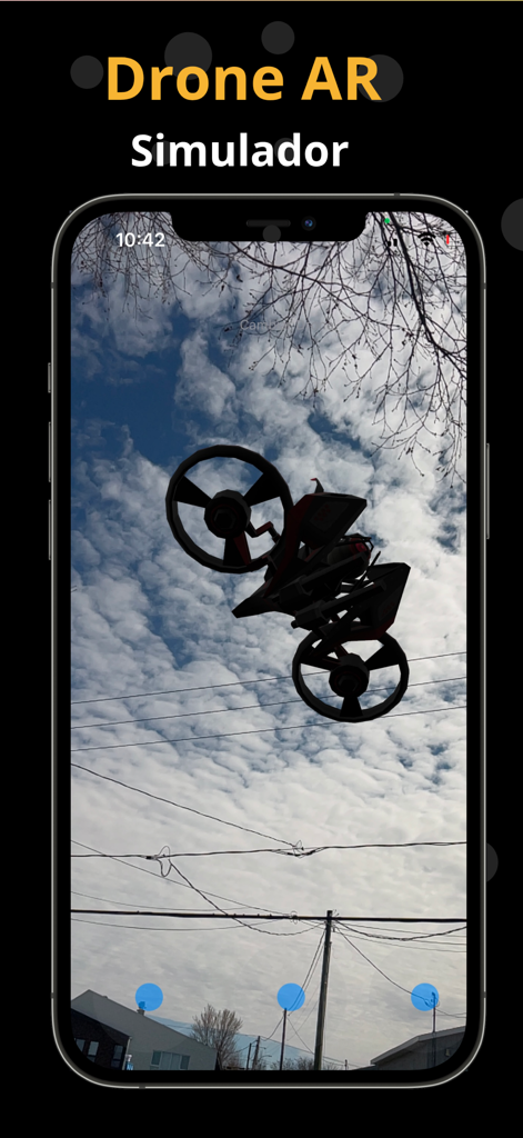 A futuristic drone flying in the sky through the Drone AR simulator app on an iPhone
