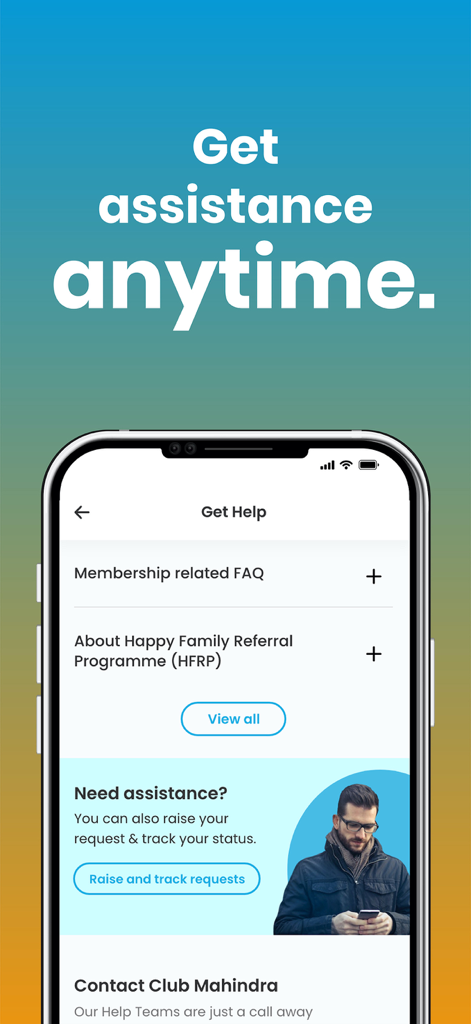 A screenshot of the Club Mahindra mobile app showing the Get Help section with membership FAQs and a button to raise and track service requests.