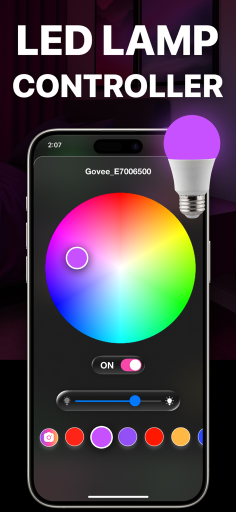 LED Lamp Manager: LedAI - Pantalla de smartphone mostrando la interfaz de la aplicación LedAI con una gran rueda de color RGB y controles de iluminación