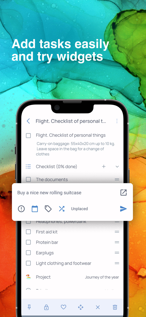 Mobile screen showing a travel checklist and a quick task entry widget in the Singularity app