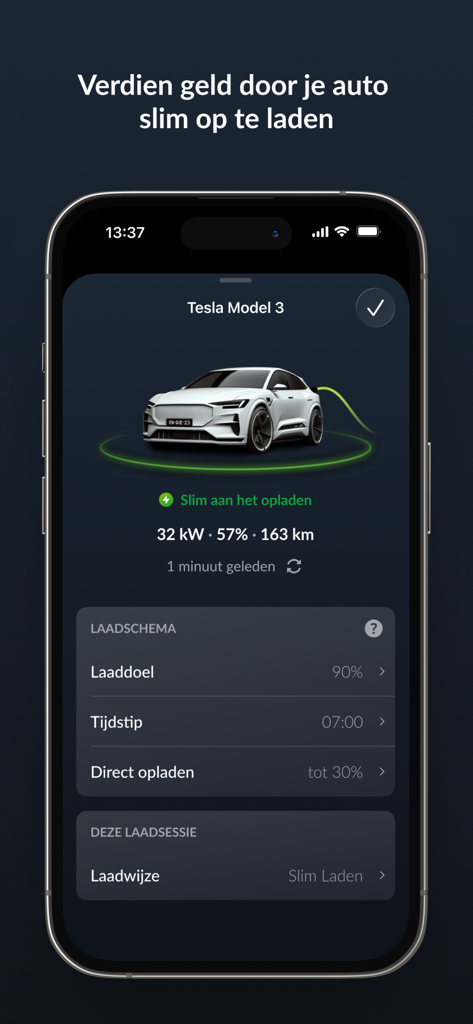 ENGIE Energie NL - ENGIE app interface for smart electric vehicle charging management showing a Tesla Model 3 and charging status.