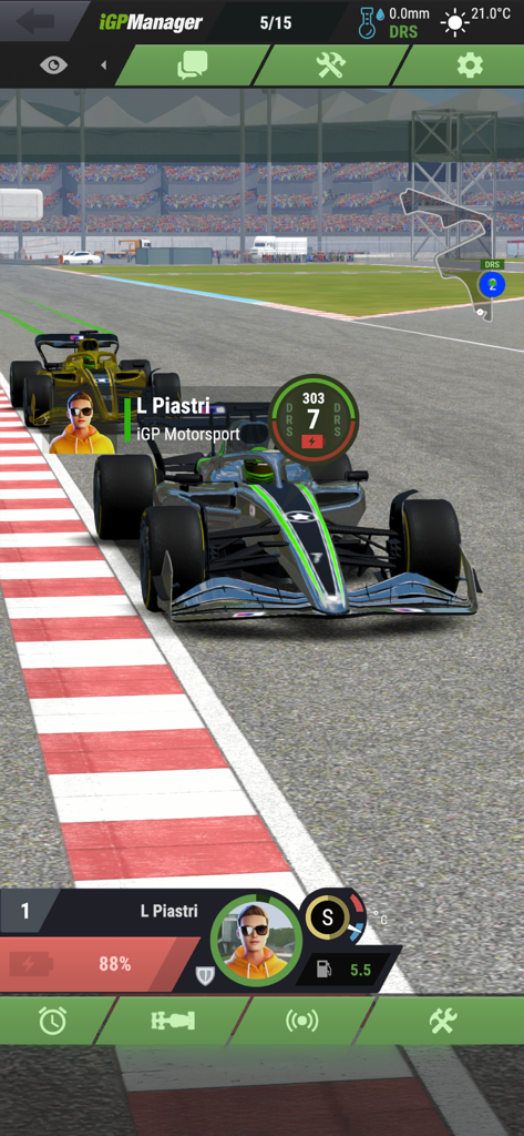 A live race simulation screen in iGP Manager 26 showing formula cars on a track with a strategy dashboard and telemetry