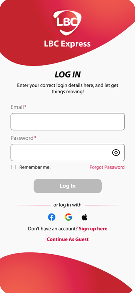 LBC Express - Login screen for the LBC Express app with fields for email and password