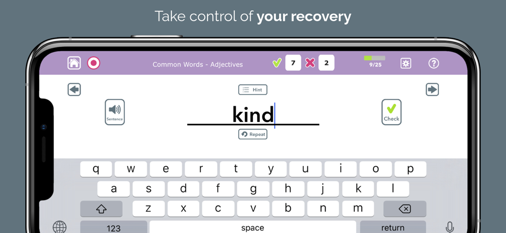 Application de thérapie de l'aphasie montrant un exercice d'écriture où l'utilisateur tape le mot "kind"