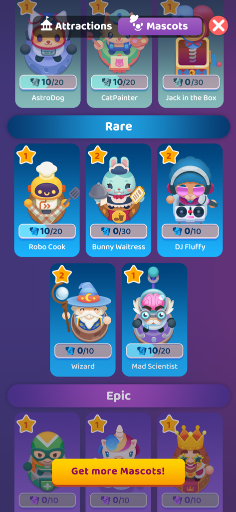 Robo CookやBunny Waitressのようなレアおよびエピックキャラクターが登場するOvercrowded Tycoonのマスコットコレクションメニュー。