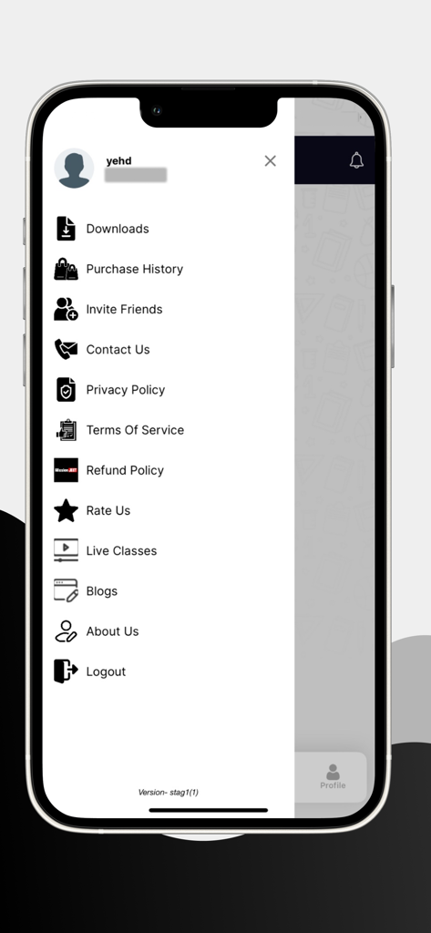 Mission Jeet - Side navigation menu of the Mission Jeet educational app displaying user account and learning options.