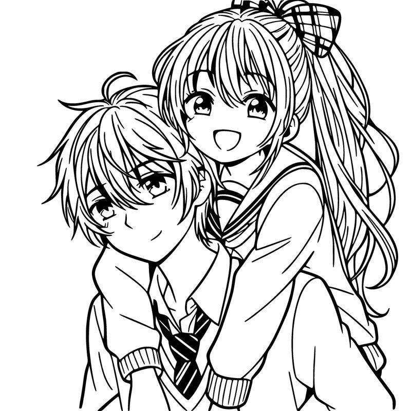 anime boy giving cute anime girl with long hair a piggyback ride