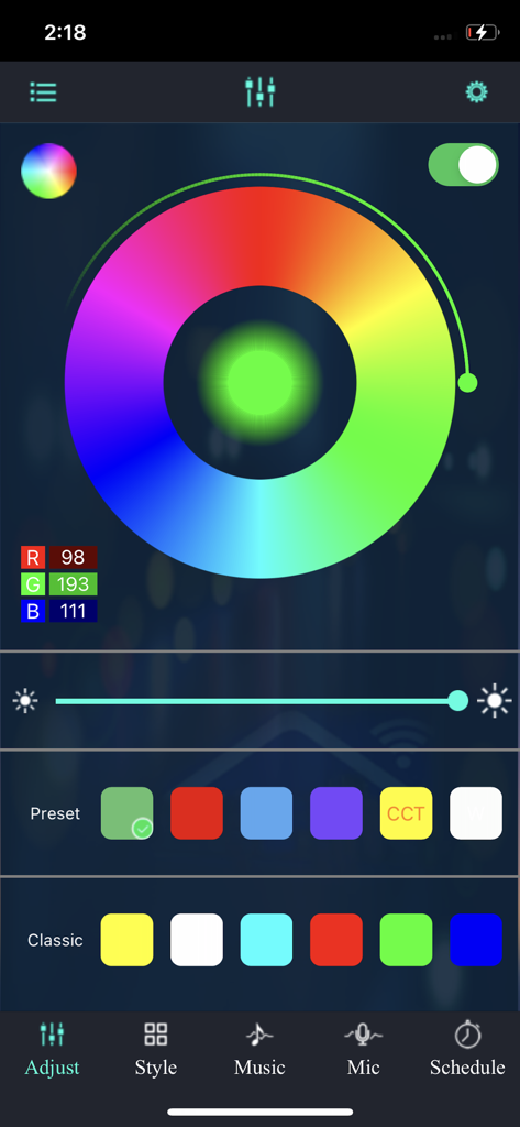 Magic Lantern app interface featuring a large color wheel and brightness slider for LED light customization