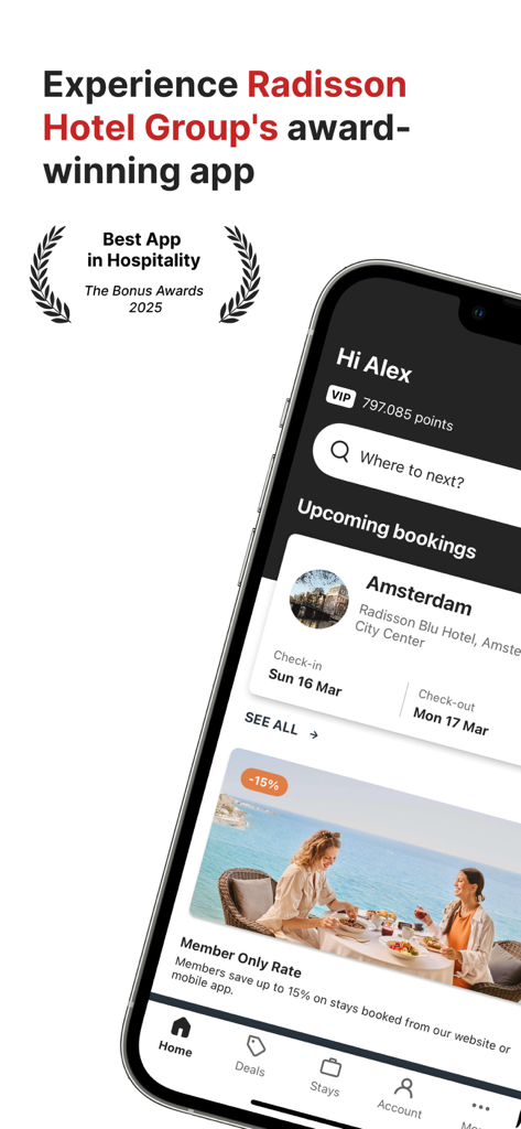 Radisson Hotels Stays - Interface de l'application Radisson Hotels Stays sur iPhone affichant les détails de la réservation et les récompenses de fidélité