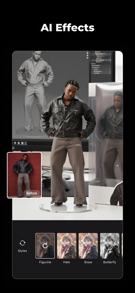 Wink App-Oberfläche, die den KI-Figurinen-Effektstil zeigt