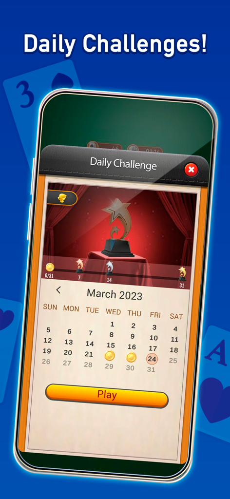 Solitaire: Classic Cards Games - Smartphone screen displaying the Daily Challenges calendar in the Solitaire app.